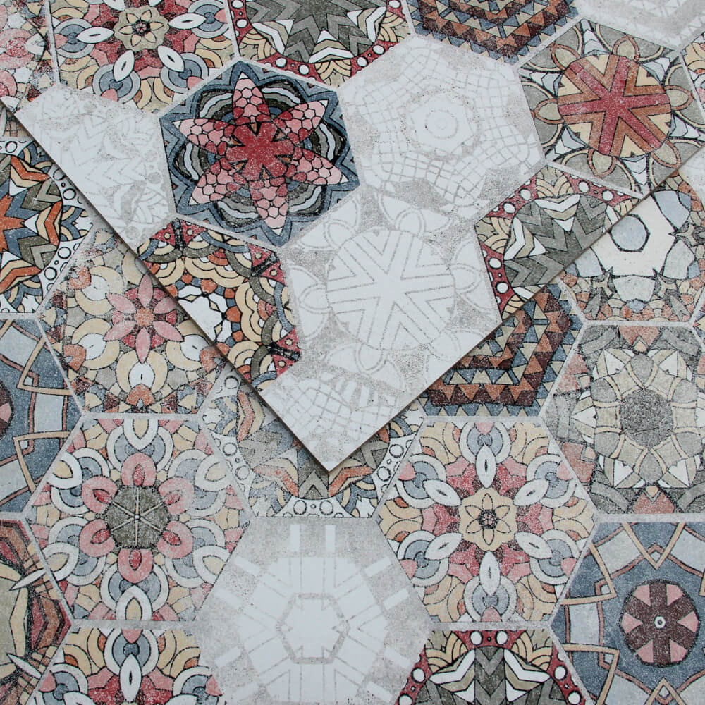 płytki podłogowe,ścienne,60x60cm,heksagon,kolorowe,patchwork hexagon colour