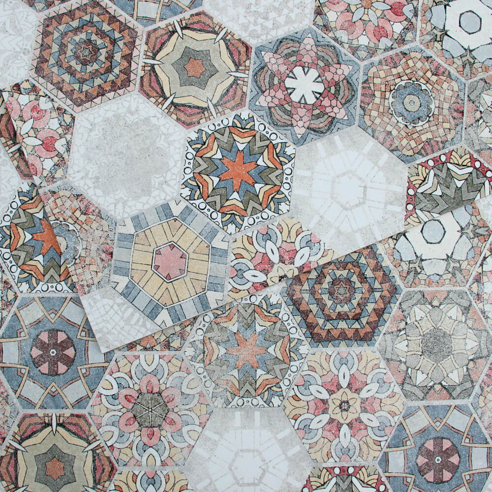 płytki podłogowe,ścienne,60x60cm,heksagon,kolorowe,patchwork hexagon colour